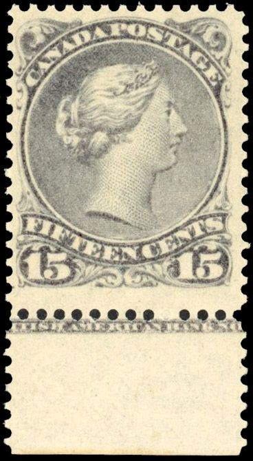 Canada 1868-90, medium to stout wove paper, 15c dull violet-grey, part imprint, Scott 29v, SG 61b var.