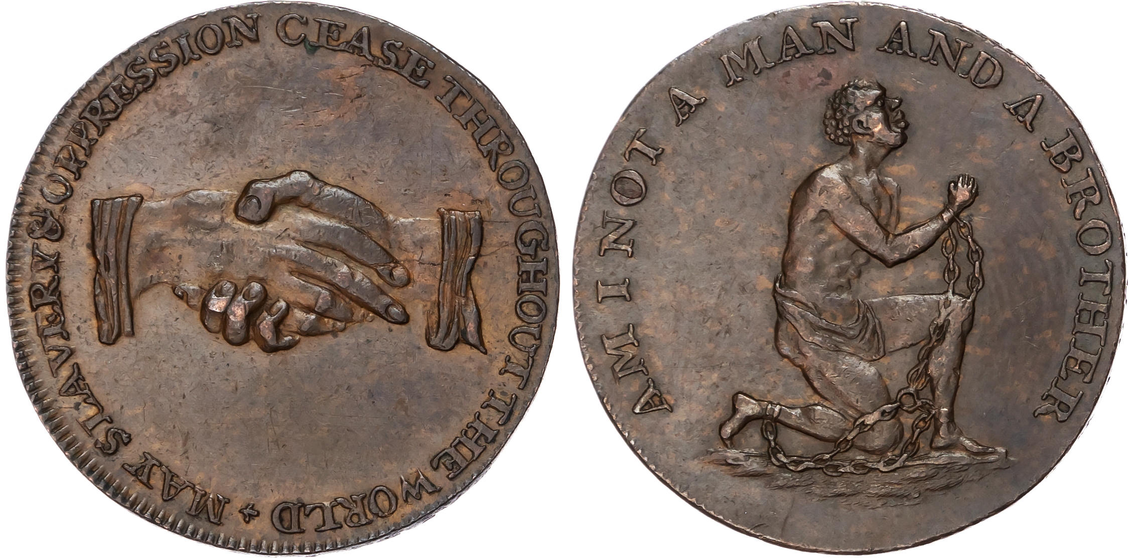 London , Political Series , William Lutwyche for an Anti-Slavery Society Halfpenny undated, Shackled African s…