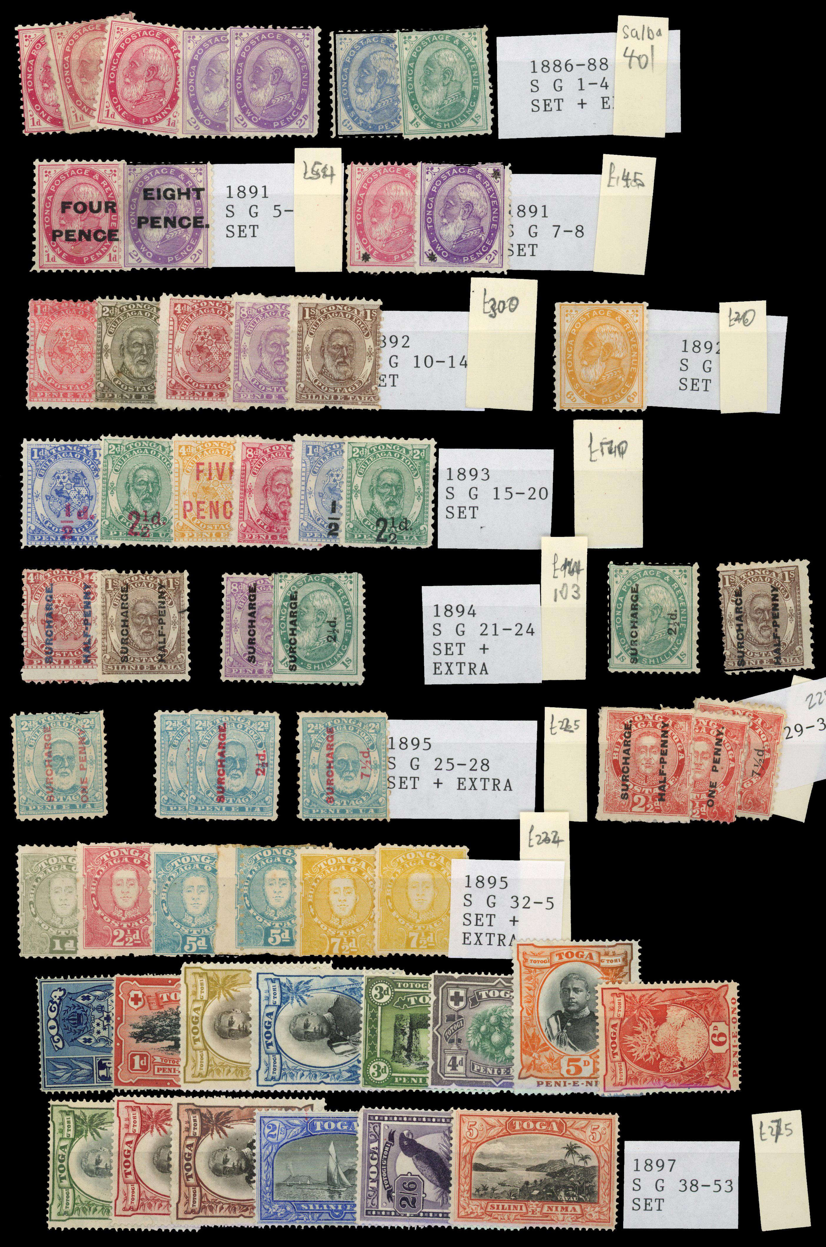 TONGA: Mint on cards including 1886 to 1s, 1891 1d and 2d, 1892 to 1s, 1893 to 2½d on 2d, 1895 to 7½d on 2d, 1895 to 7½d (2)