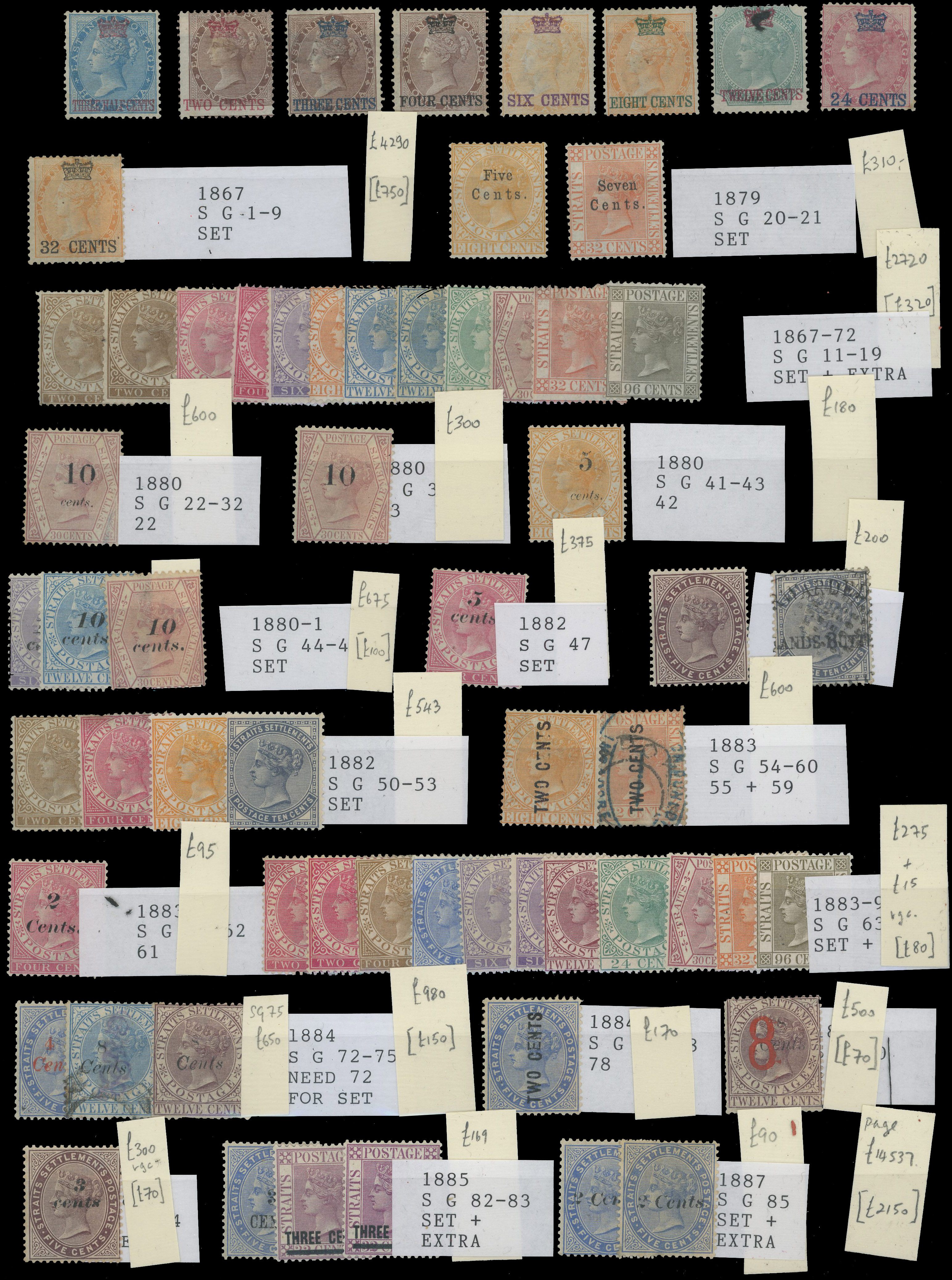 MALAYA STRAITS: 1867 to 1935 mint on stockcards including 1867 to 32c on 2a, 1867 to 96c, 1879 5c on 8c and 7c on 32c,
