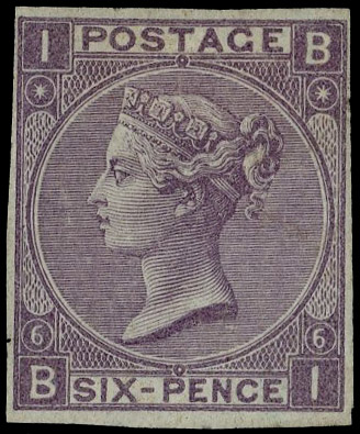 1867 6d Colour trial Pl.6. Very fine imperforate example in lilac lettered BI, printed on thin ungummed, unwatermarked p…