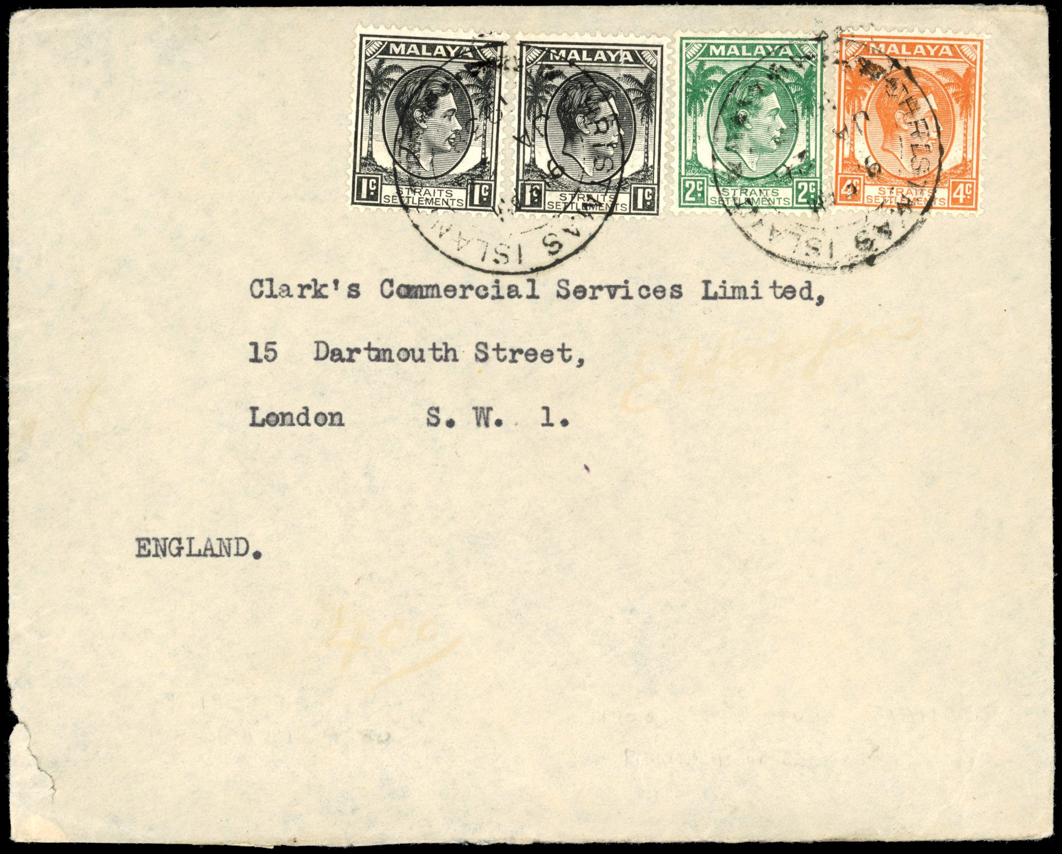 CHRISTMAS ISLAND: 1938 envelope to London with Straits Settlements Stamps