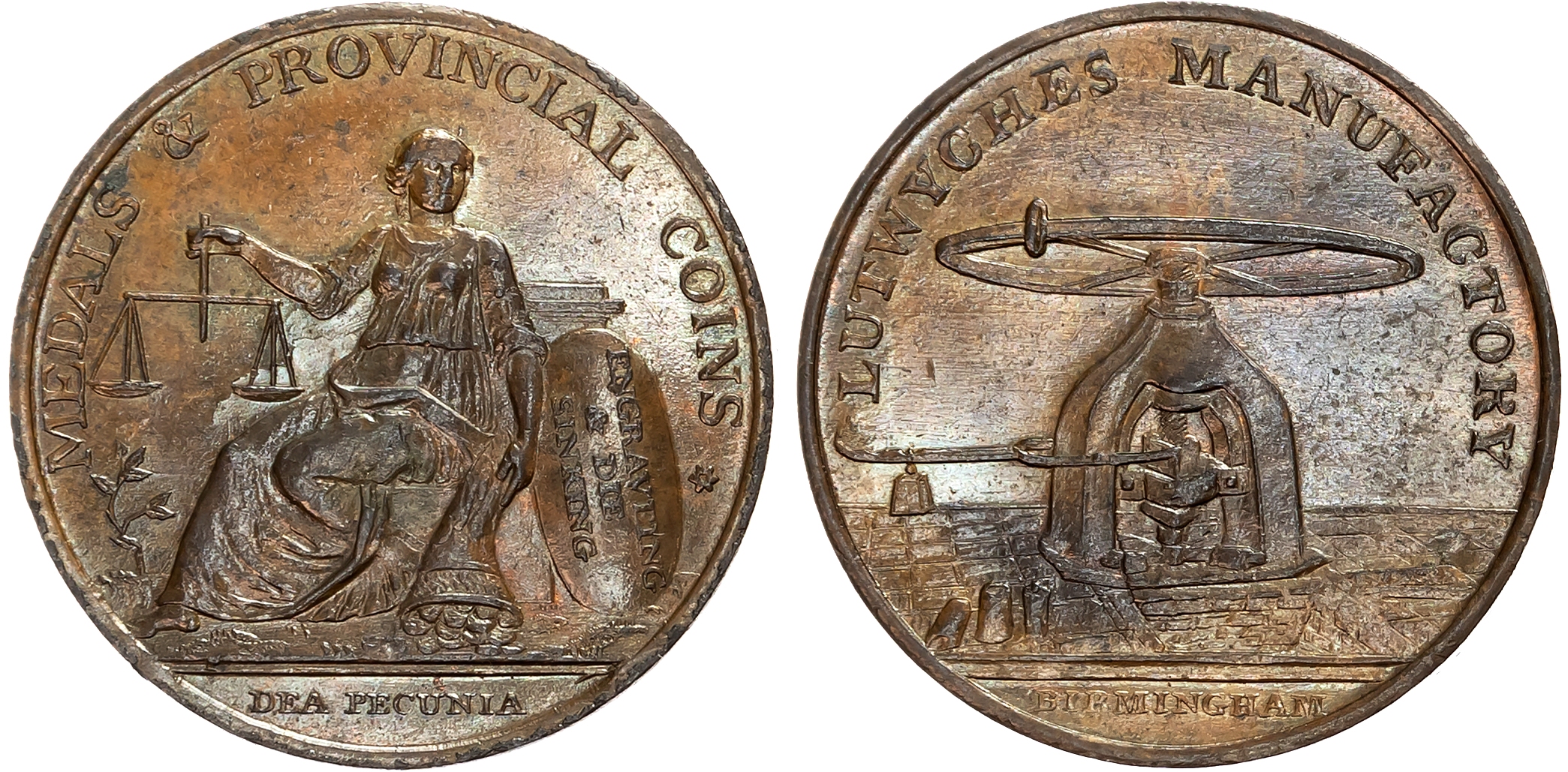 Warks. Birmingham , William Lutwyche (die sinker and token maker) advertising Halfpenny undated, Justice seated left hol …