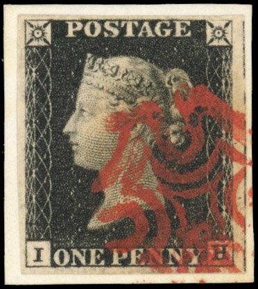 GB 1840 1d black, Plate 4 (IH), with four fine to very large margins, SG 2