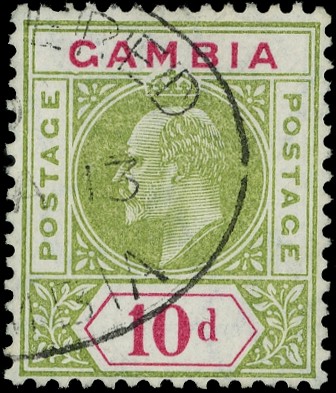 GAMBIA: 1909 10d sage-green and carmine showing R.1/6 ‘dented frame’ variety fine used SG...