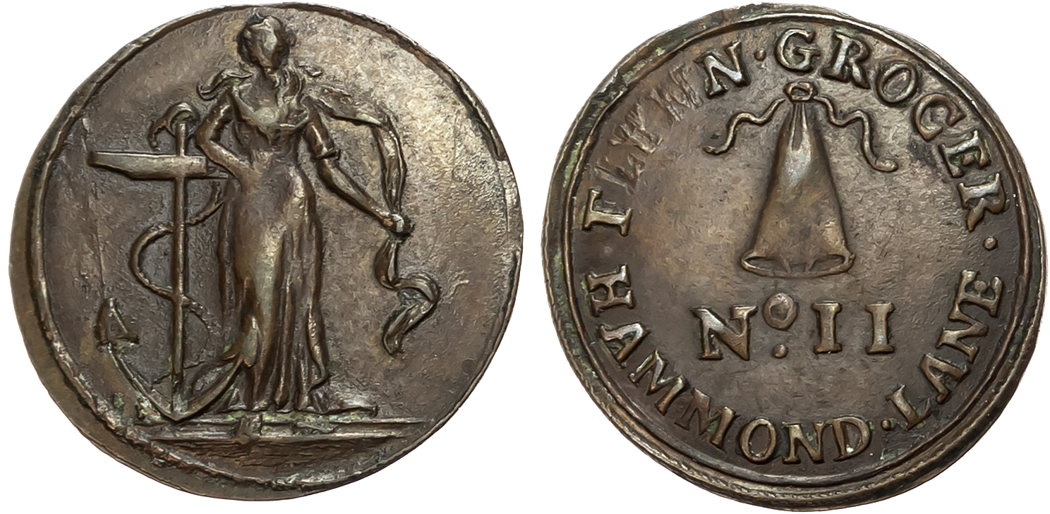 Co. Dub, Dublin , Flyn (grocer) Farthing 1790s, Sugar cone, rev. Hope standing with anchor, edge plain, 21.5mm/2.72gm. ( …