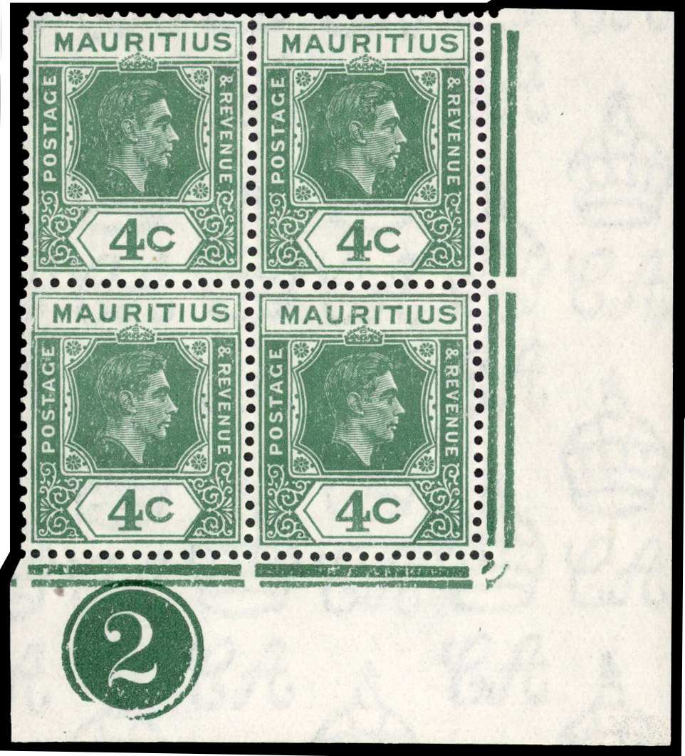 Mauritius SG 254da, dc 1943 4c open 'C', serrated edge Plate block mint