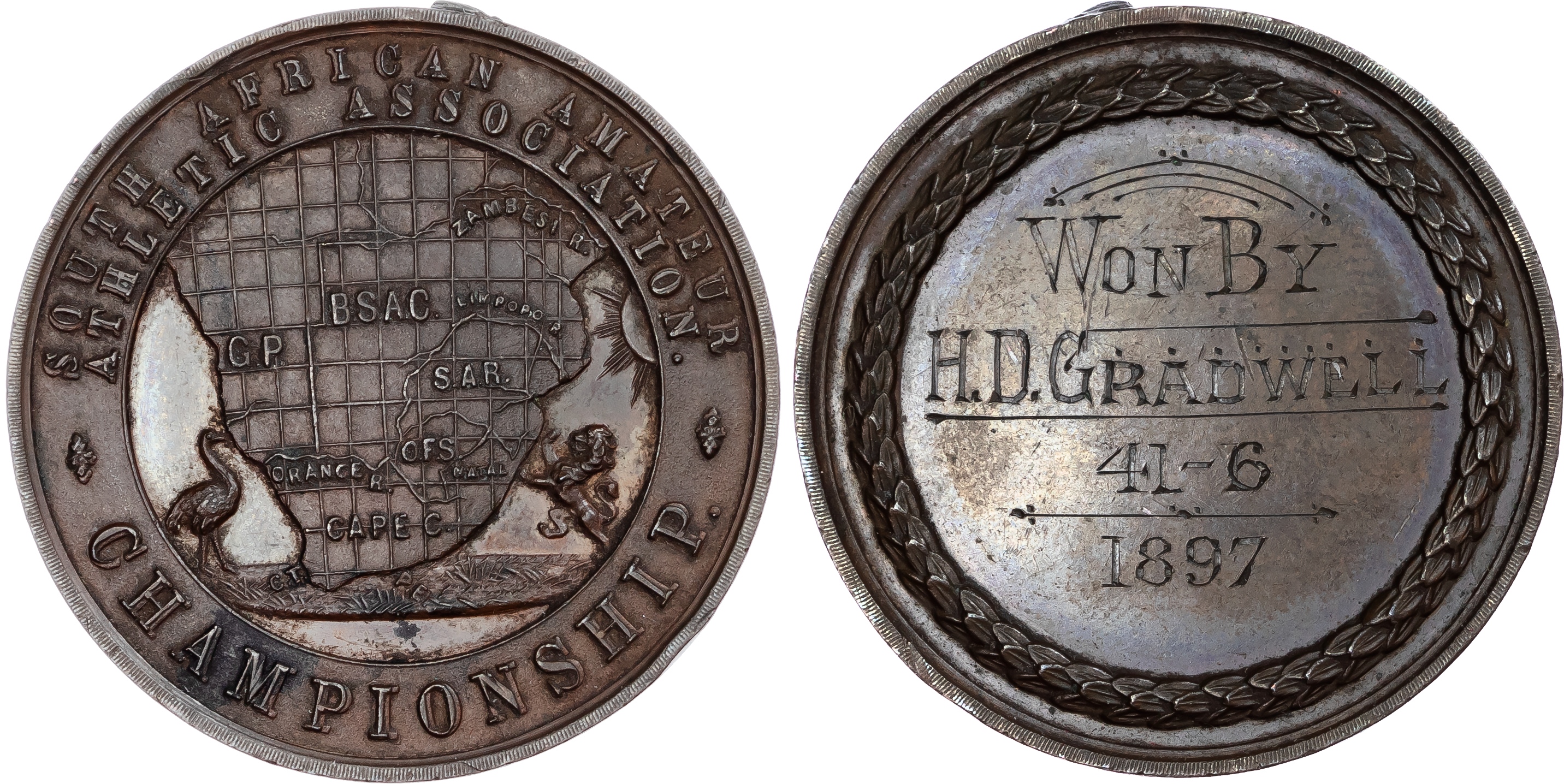 South Africa, British Colonial. Amateur Athletic Association CU Medallion. 1897.