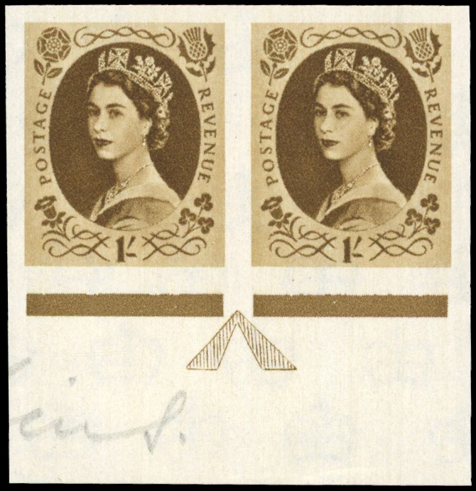 Great Britain 1958 1s Bistre-brown, Horizontal Pair, BPMA Imprimatur, SG 584