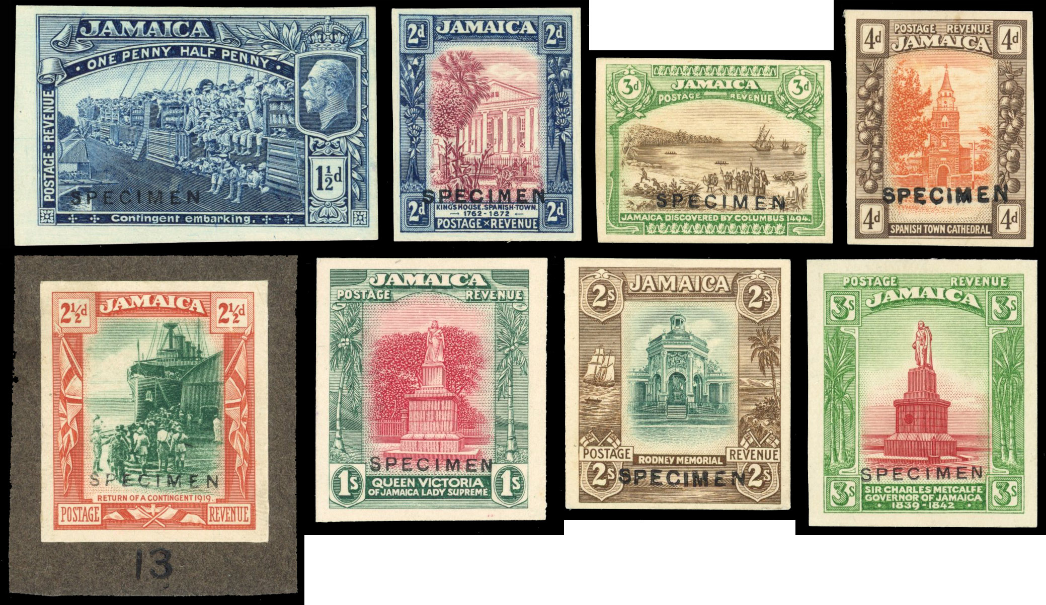 Jamaica 1922 (c.) Imperforate printer's samples of 1919-21 1½d to 10s in unissued colours, SG 80/89var