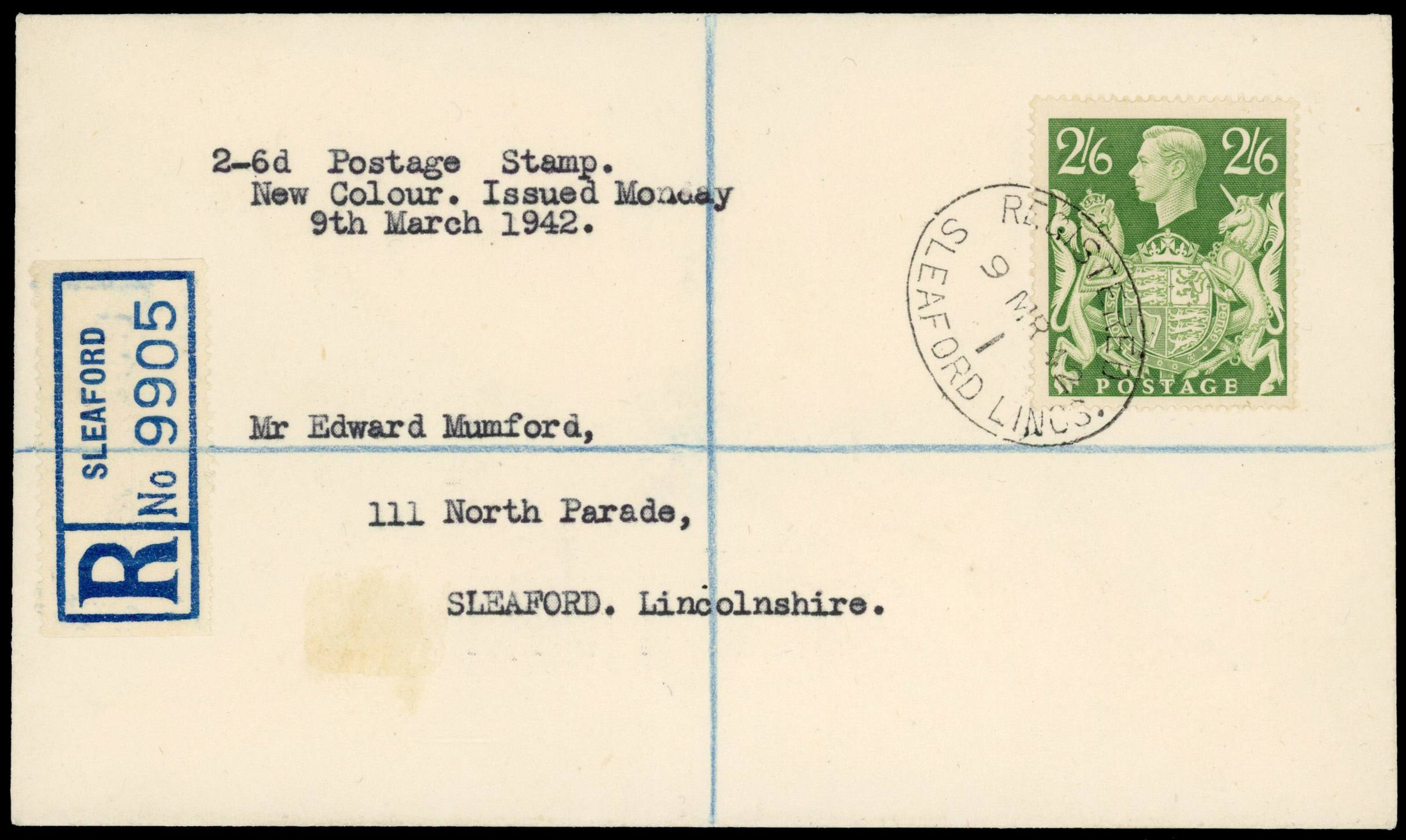 1942 2s6d Yellow-green 'Arms' High Value. Superb FDC
