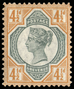 GB SG206var 1892 4½d "Jubilee" Colour trial.