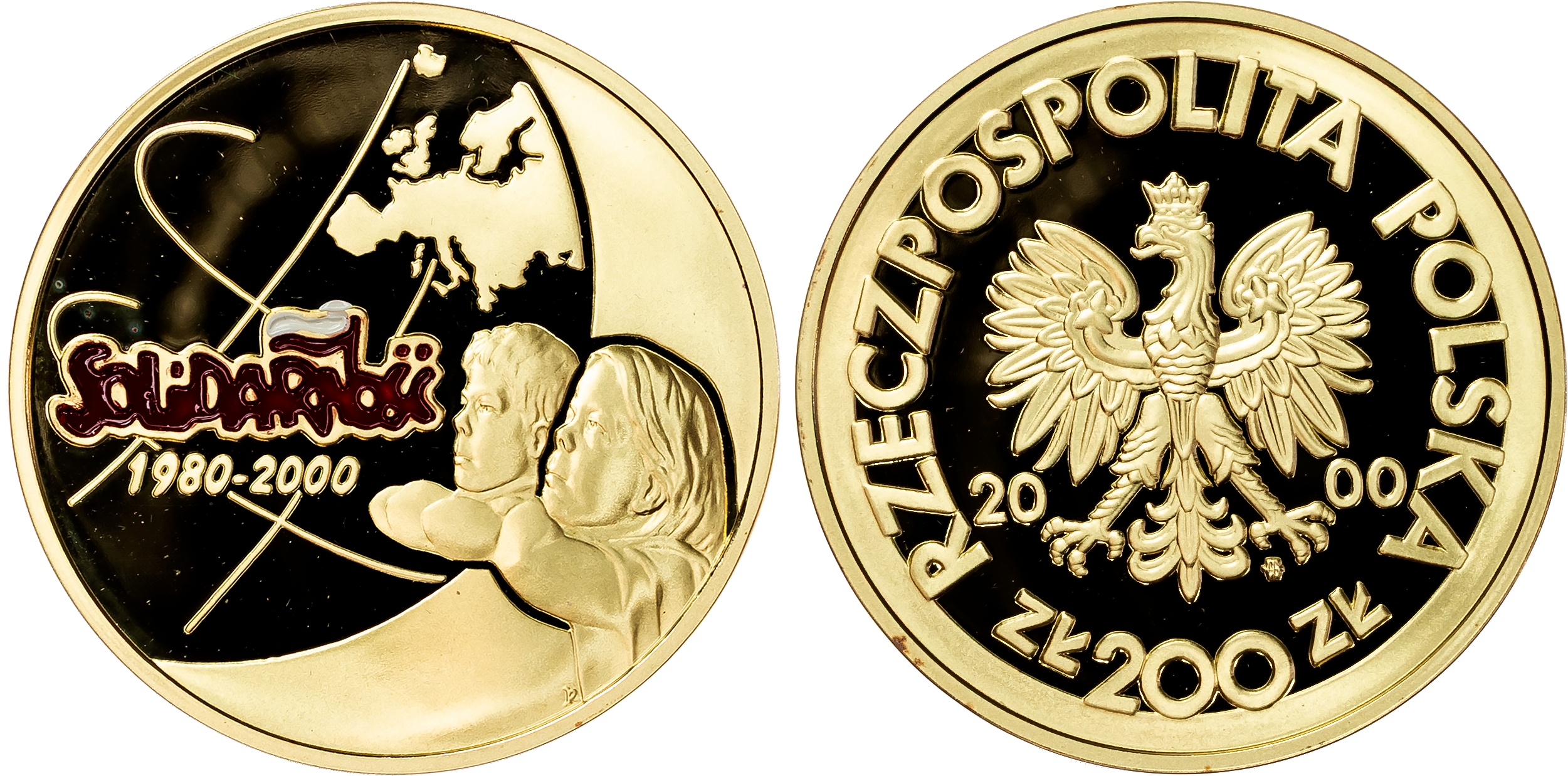 Poland , Republic, gold Proof 2000 Zloty, 2000, 20 Years of Solidarity, 23.32g (KM Y-397). Uncirculated Proof,…