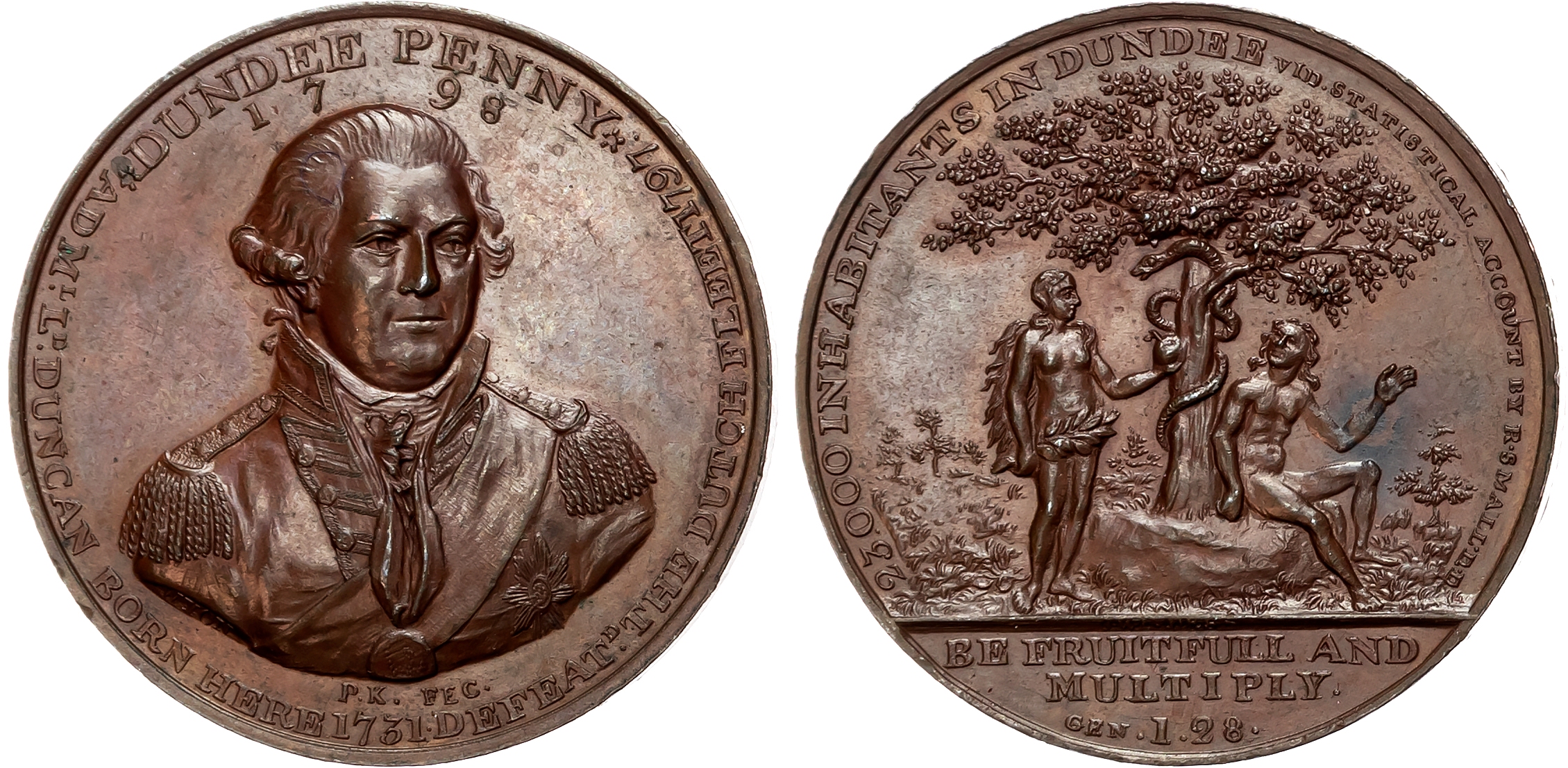 Angus.  Dundee , James Wright Jr., Kempson’s Penny 1798, Bust of Admiral Lord Duncan almost full-facing, rev. Eve offeri …