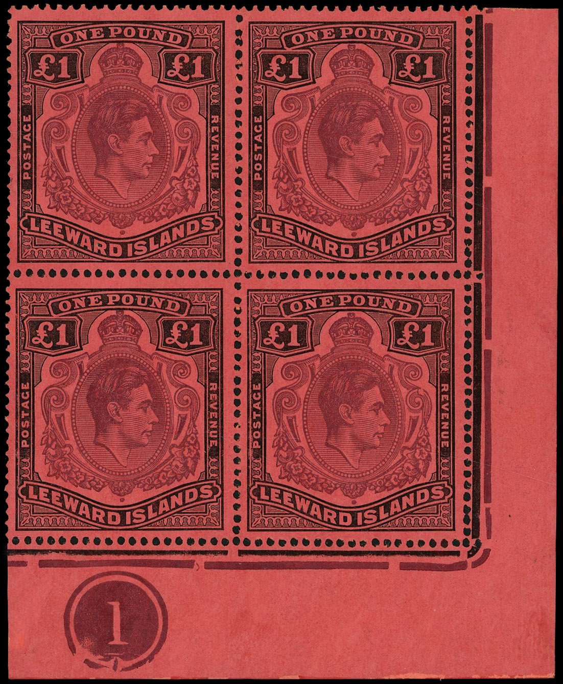 Leeward Islands SG 114a, ae block mint