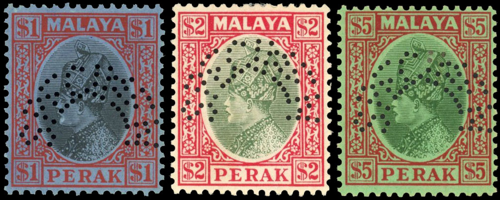 Malaya - Perak 1935-37 set less 6c scarlet, perforated SPECIMEN, SG 88s-91s, 93s-102s...