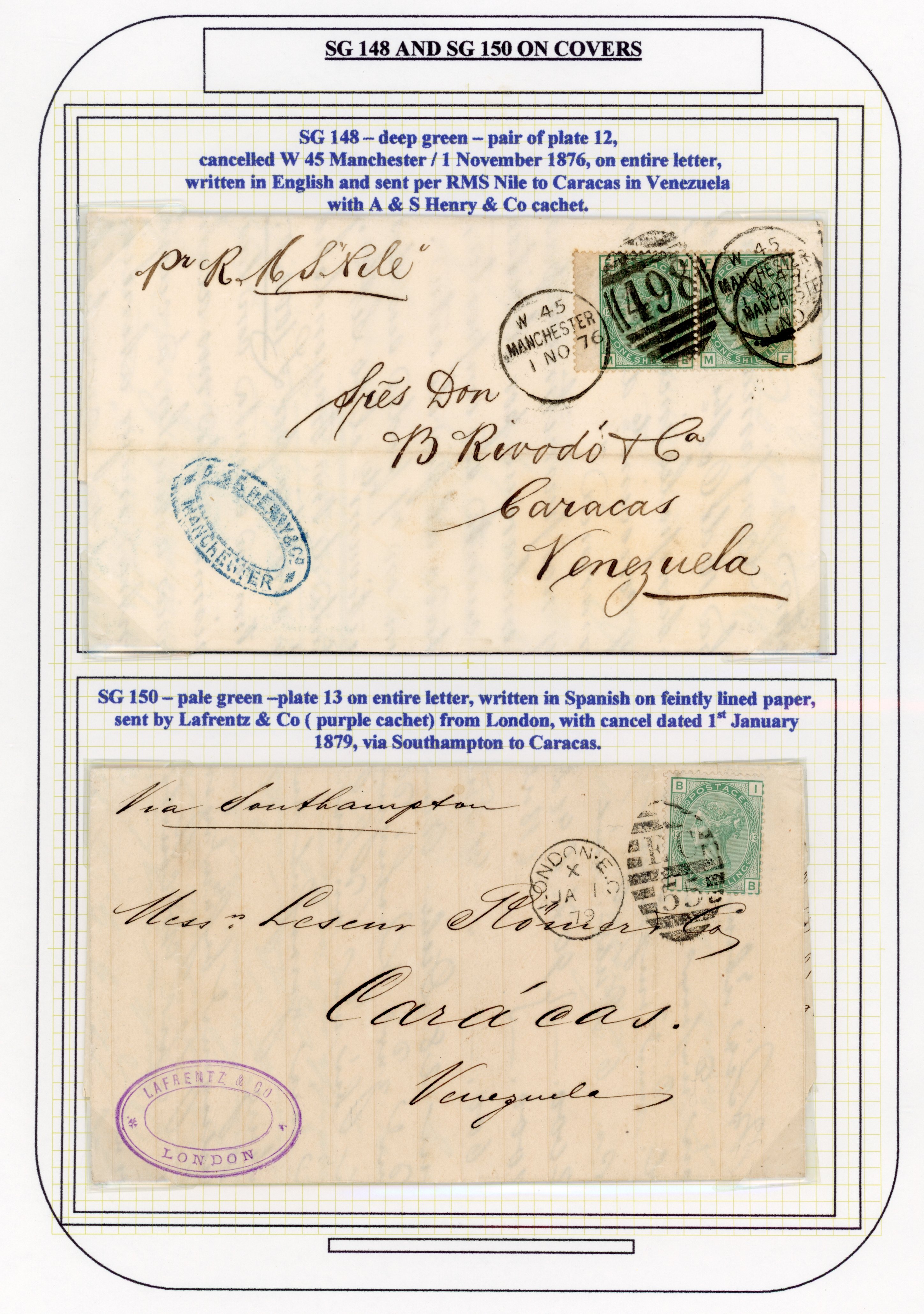 GB: POSTAL HISTORY: 1876 cover to Venezuela with 1s green, plate 12 pair