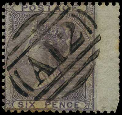GB USED ABROAD: 1856 6d wing marginal...
