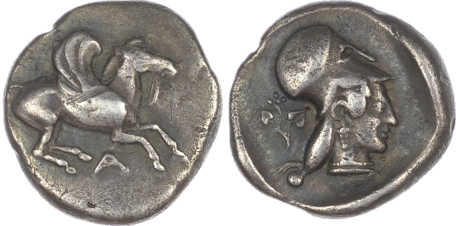 Ambracia, Ambrakaia (c. 480‑458 BC) AR Stater, 3.36g. Pegasos flying right, A below. Rev. Helmeted head of Athena facing