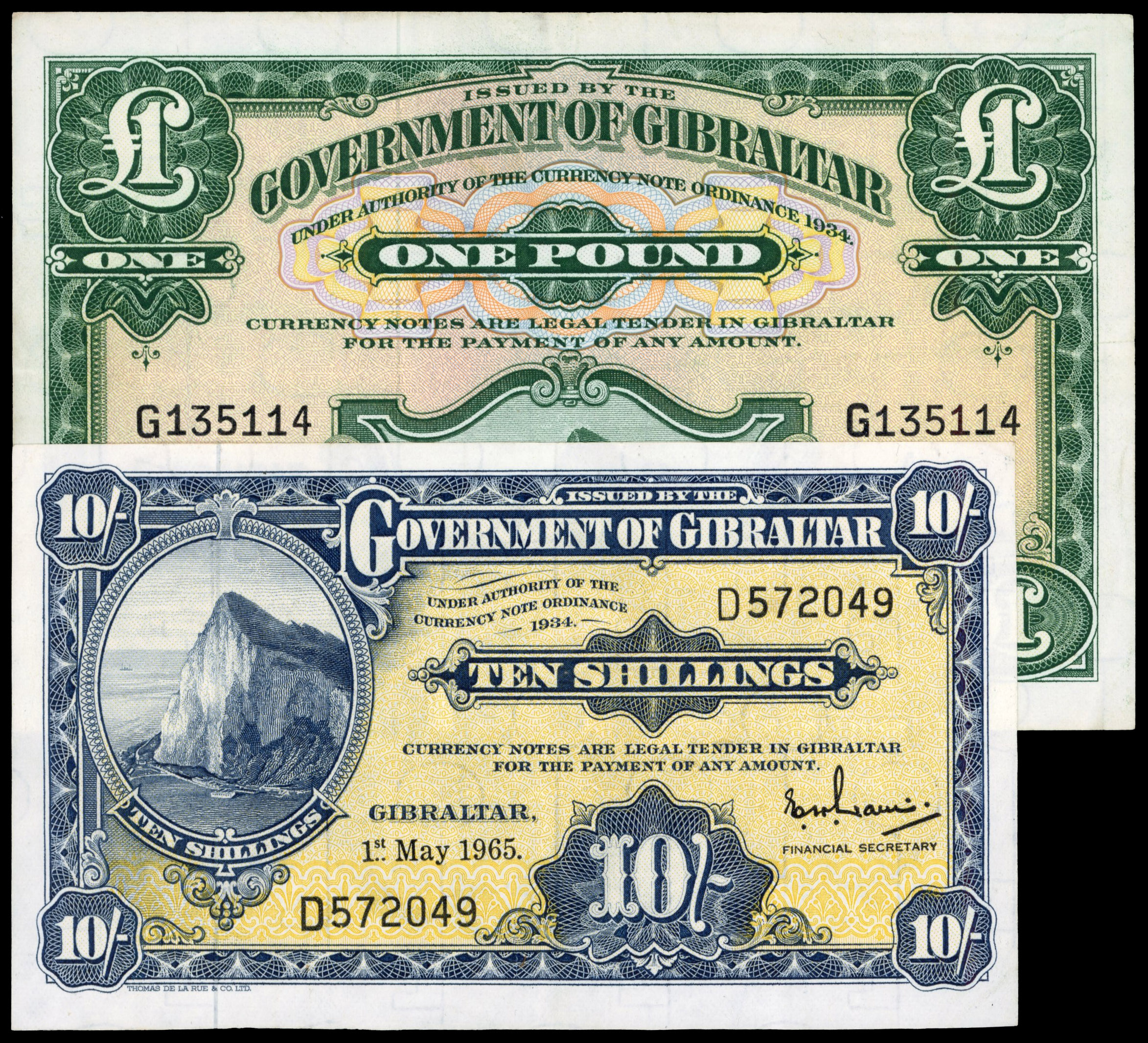 Gibraltar, Government, 1 May 1965, Ten Shillings, D 572049, security thread, signature of E. H. Davis, (Pick 1…