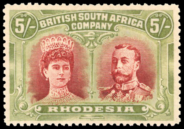 Rhodesia 1910-13 5s lake and deep yellow-green perf 14