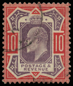 Great Britain 1910 10d Dull purple & scarlet (C). Very fine used example printed by DLR showing "No cross on crown…