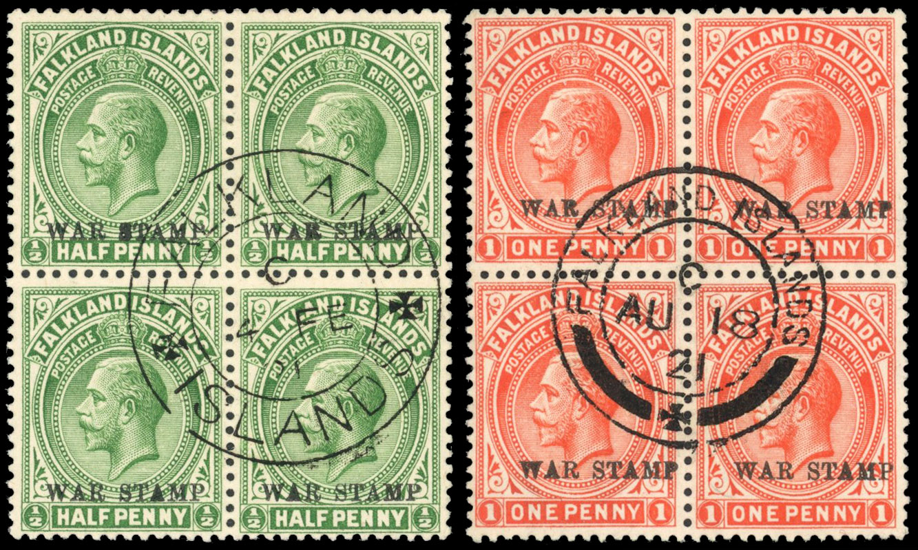 Falkland Is SG 70c, 71d 1920 War Stamp ½d and 1d thick greyish paper blocks used