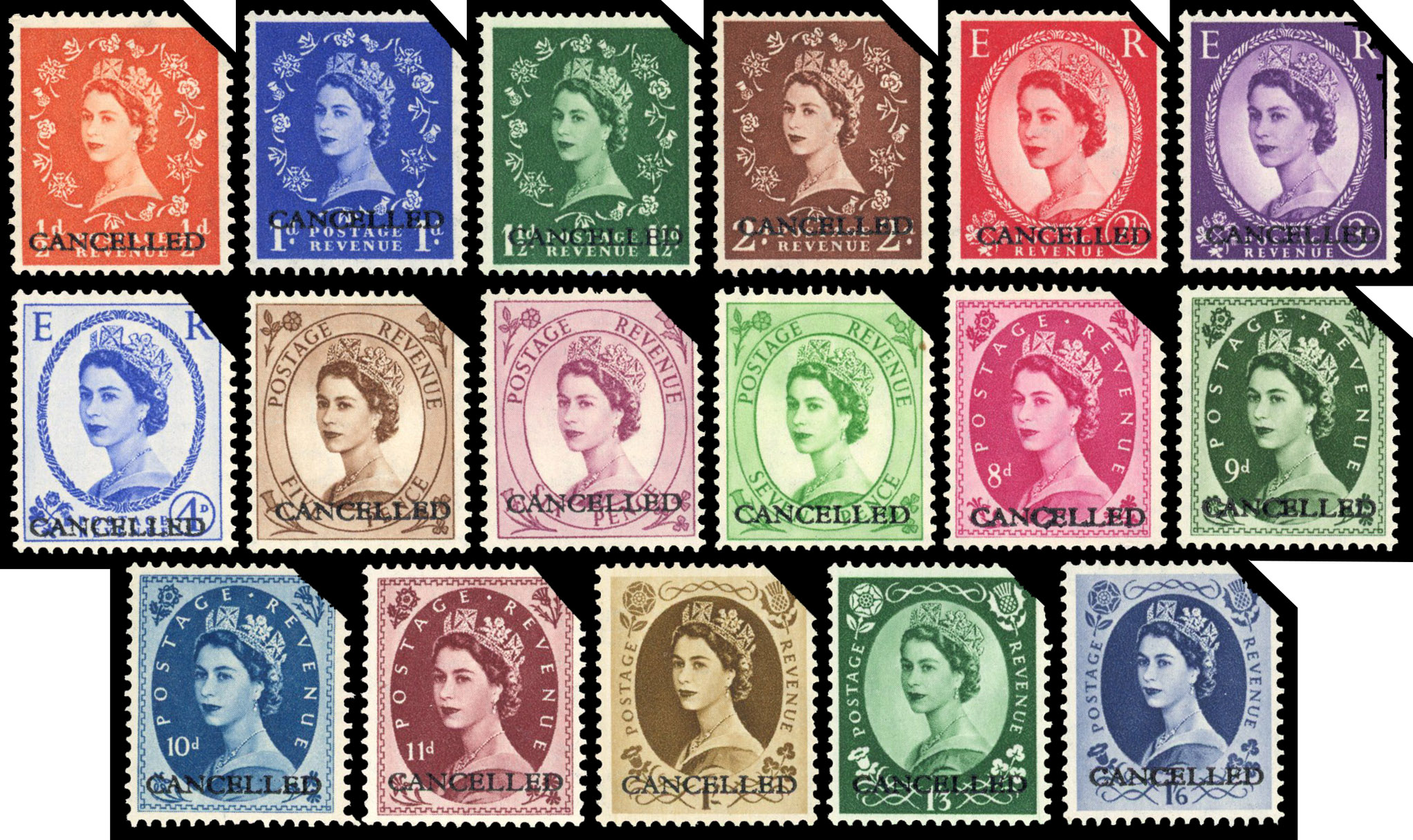 Great Britain 1952-54 Wildings set optd CANCELLED with clipped corners 