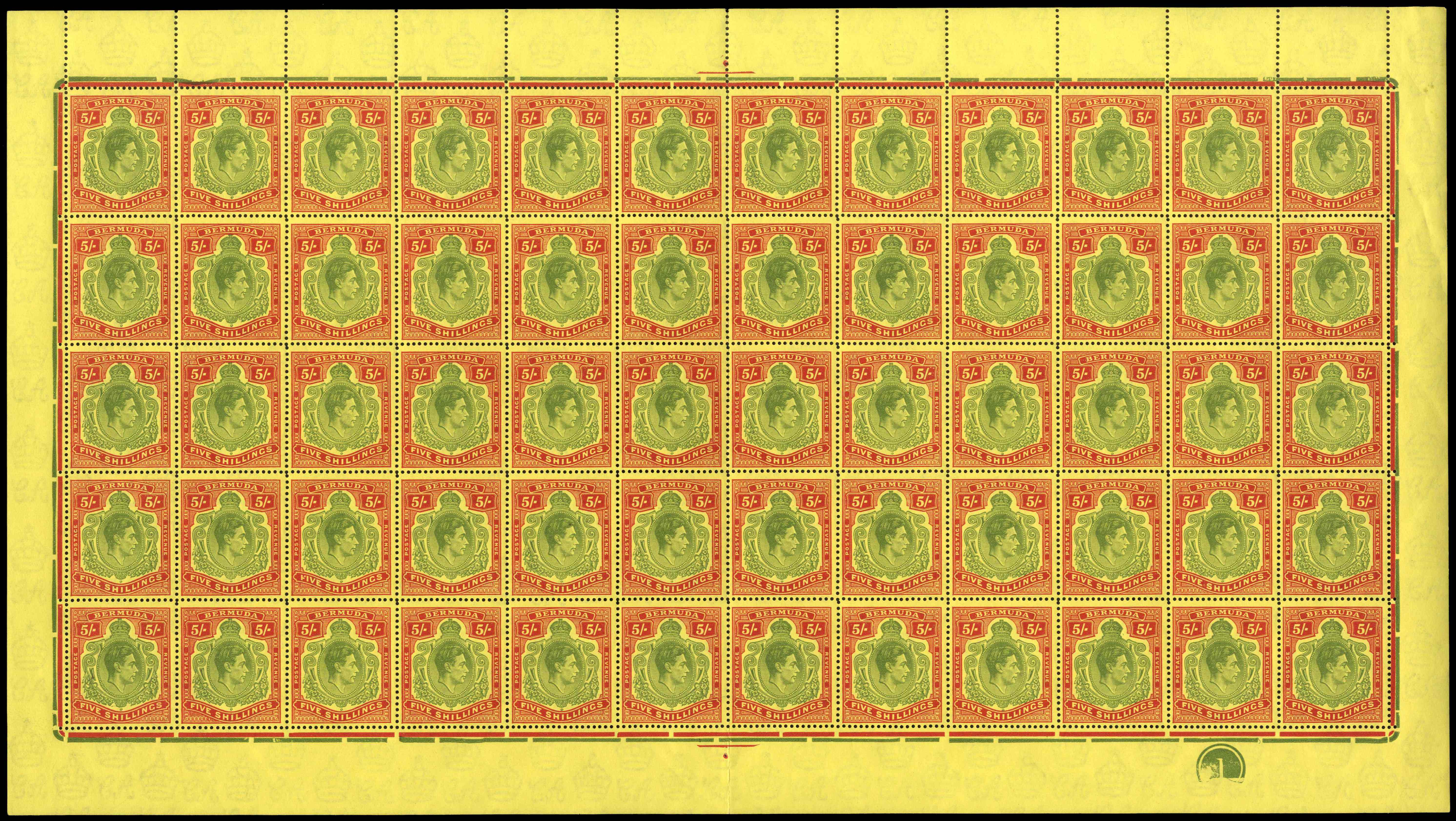 Bermuda SG 118f 1938-53 5s perf 13 ordinary paper complete sheet unmounted