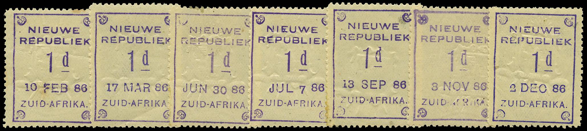 NEW REPUBLIC SG 48 1886-87 1d VIOLET ON YELLOW EMBOSSED ARMS x7 DIFF DATES LPOG