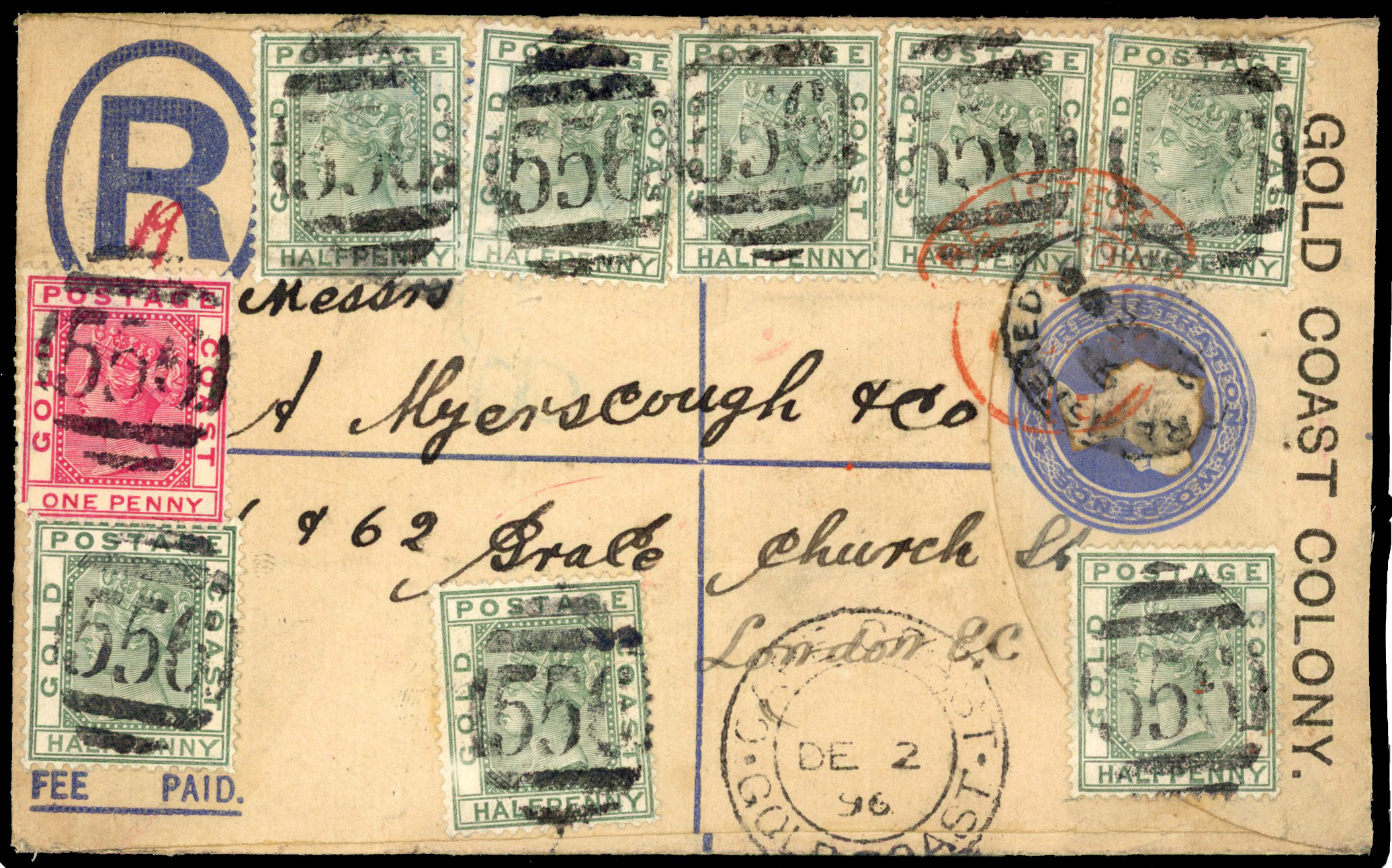 1896 2d registered stationery envelope (size F) to London franked 8 x ½d and 1d tied ‘556’ barred numeral cance