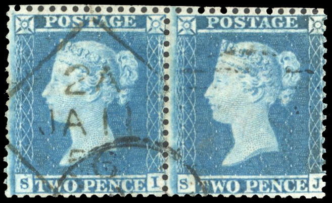 GB 1855 2d blue Plate 5 pair inverted watermark