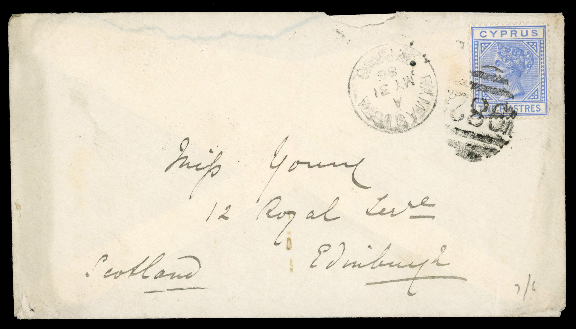Cyprus 1886 cover to Edinburgh bearing 2pi blue tied by Famagusta ‘982’ numeral obliterator