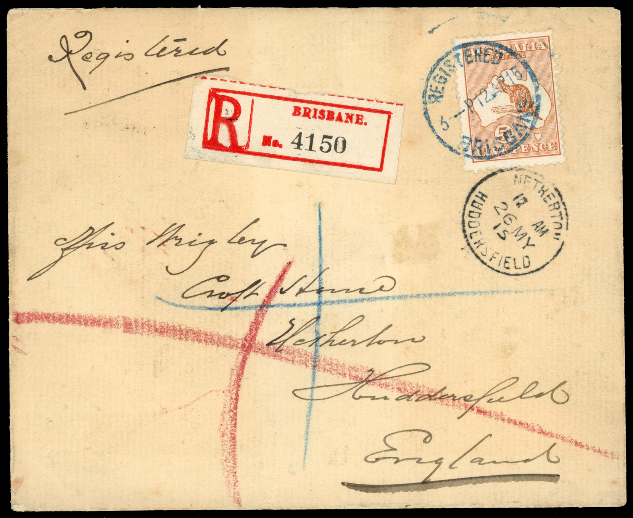 Australia 1915 registered cover to England