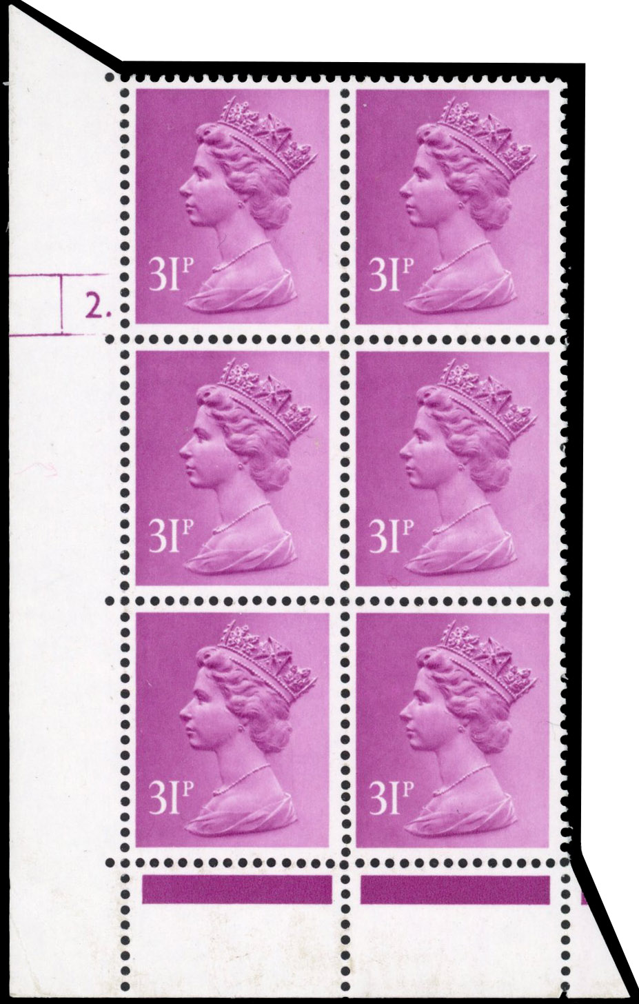 GB SG X981 1983 31p purple cylinder block of 6 17 pin perf variety