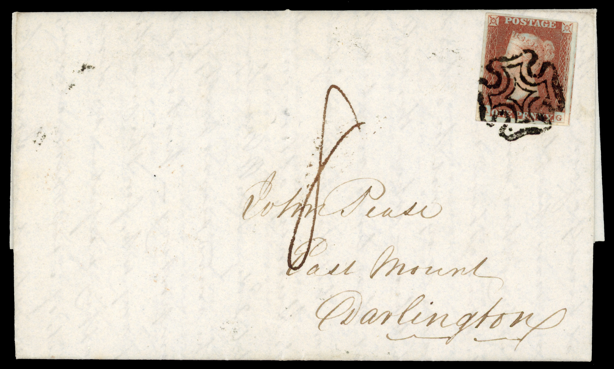 1842 cover with 1d red brown plate 23, fine four margin (AG), neatly tied by black MC, from Rennes, France 