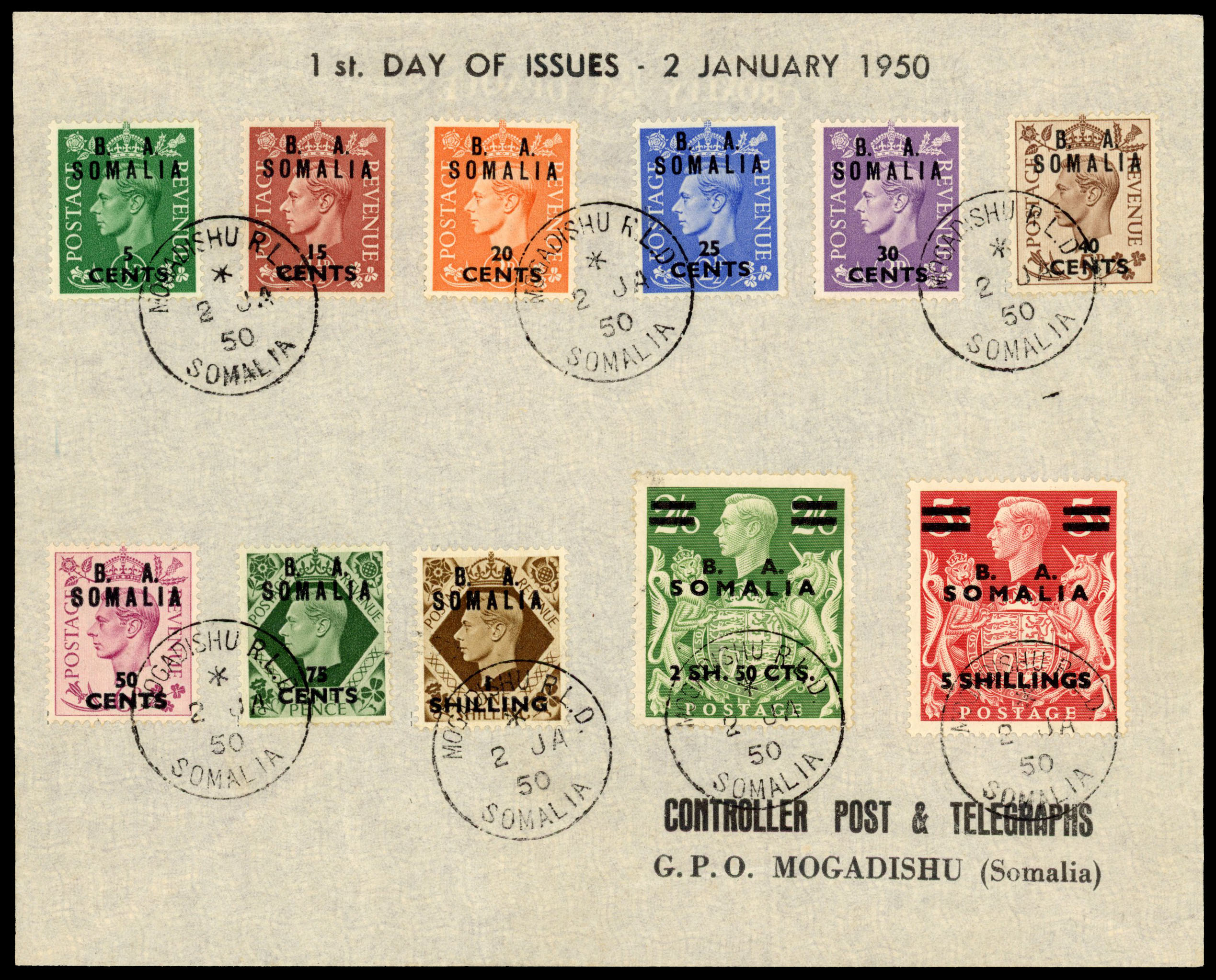 1950 (2 Jan) ‘B. A./SOMALIA’ surcharged set of eleven to ‘5 SHILLINGS’ on 5s used the first day of issue