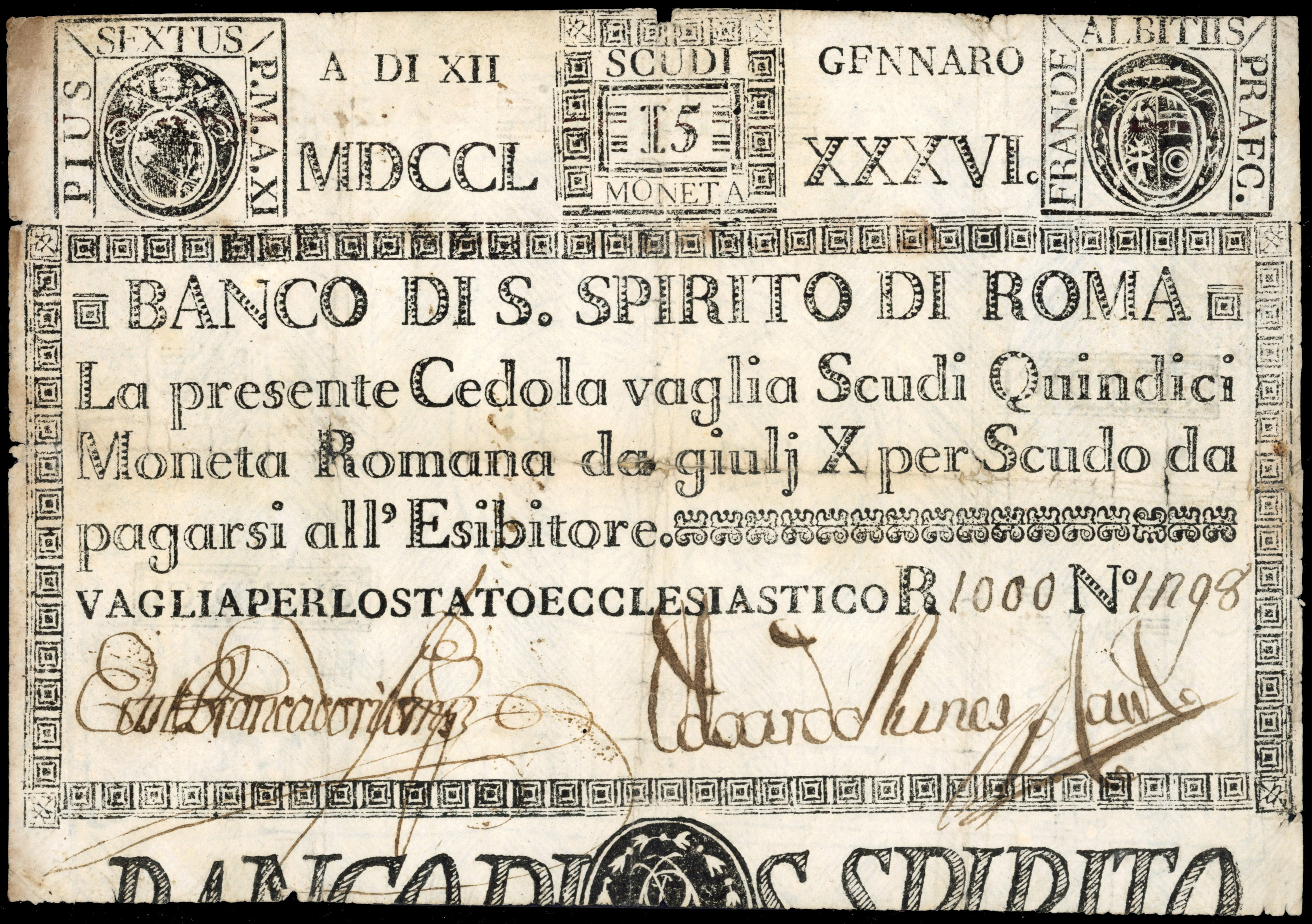 Italy, Papal States, Banco di S. Spirito di Roma, 1785-95 issue, 15 scudi, with black print, on parchment like…
