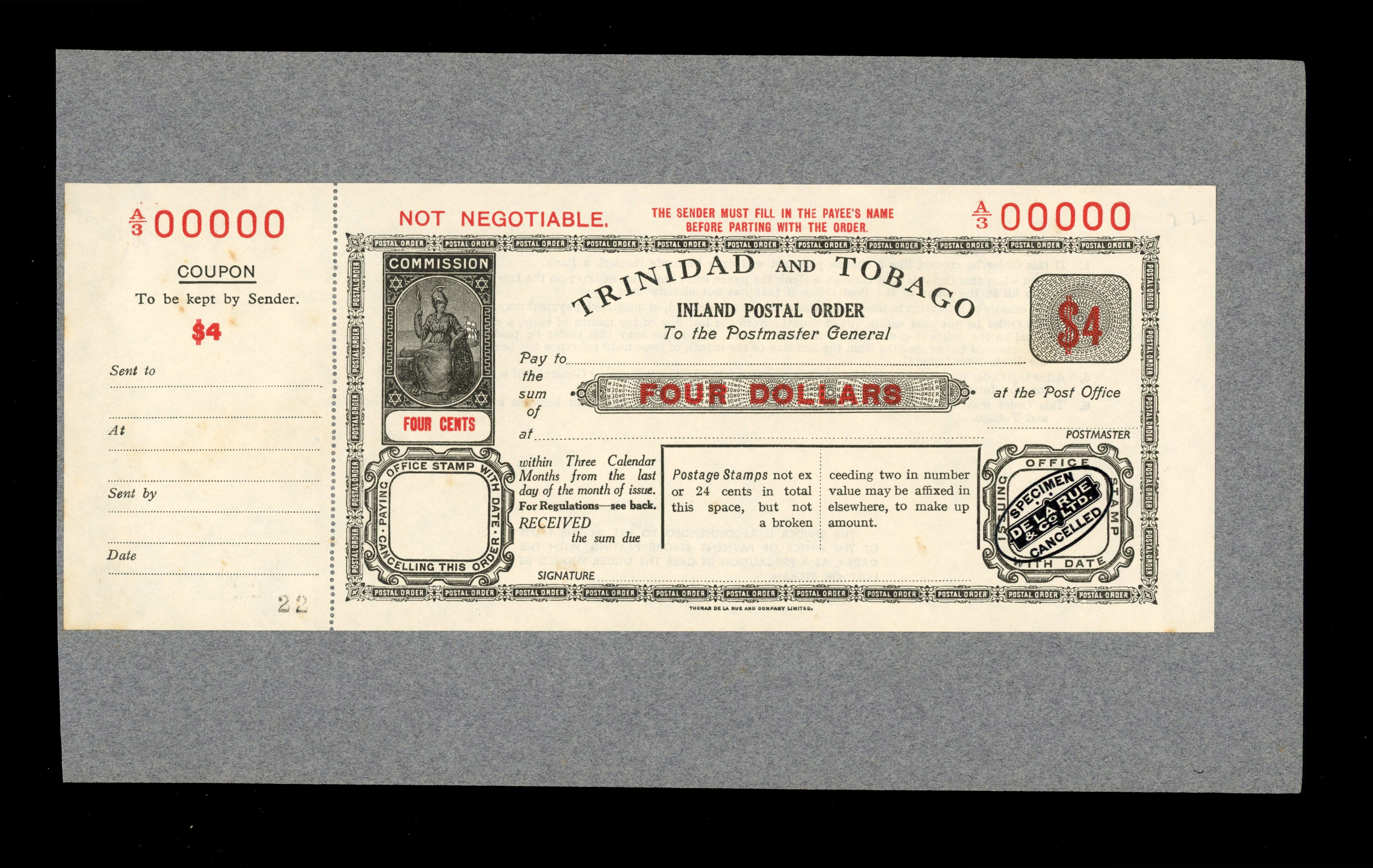 Trinidad & Tobago Postal Order De La Rue Proof