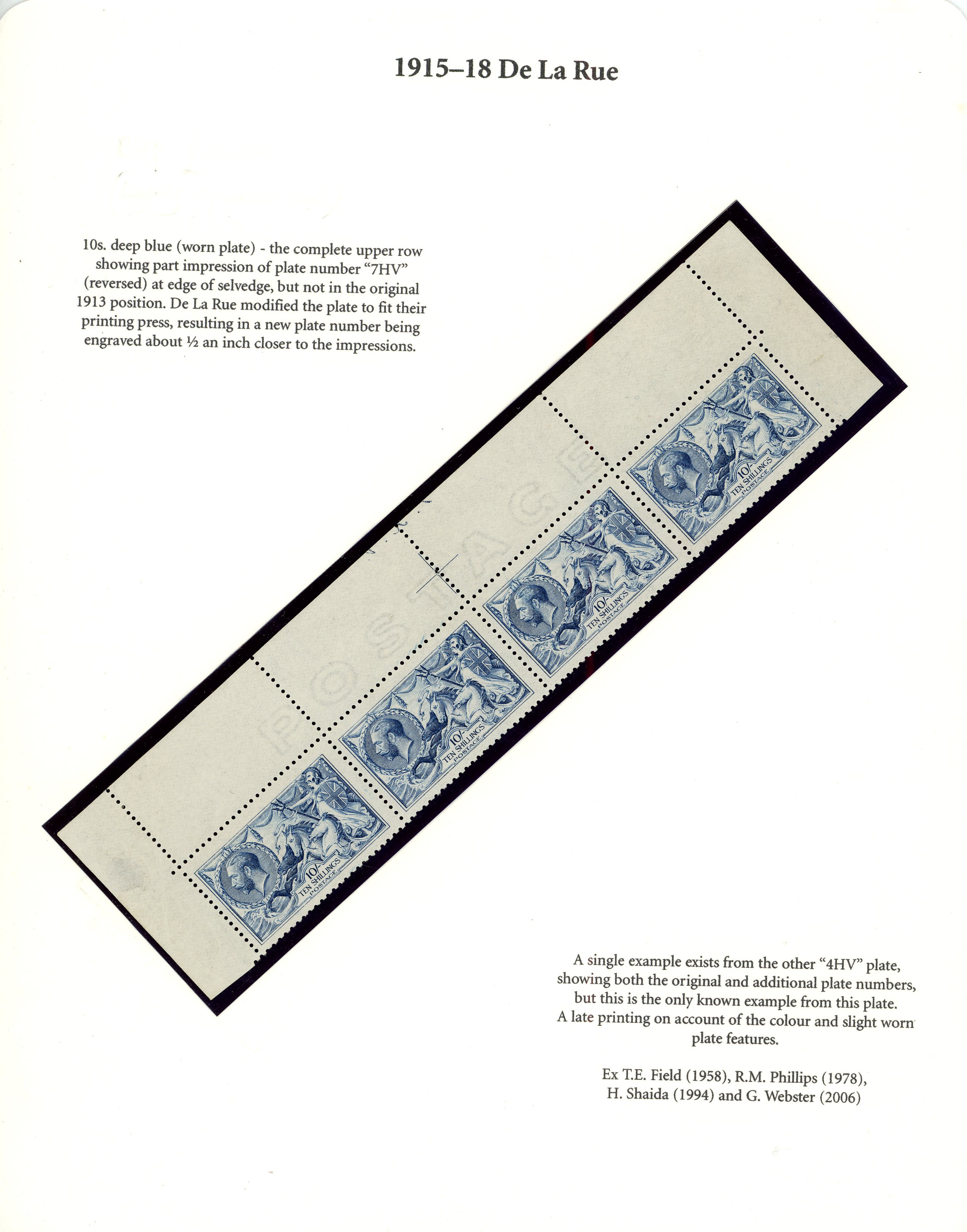 1915 10s De la Rue deep blue (worn plate), top marginal row of 4