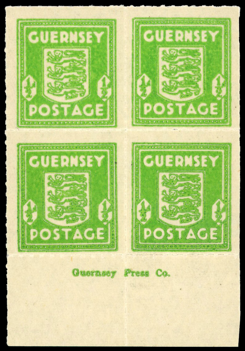 1941 Guernsey ½d Emerald mint imprint block, printed on the gummed side