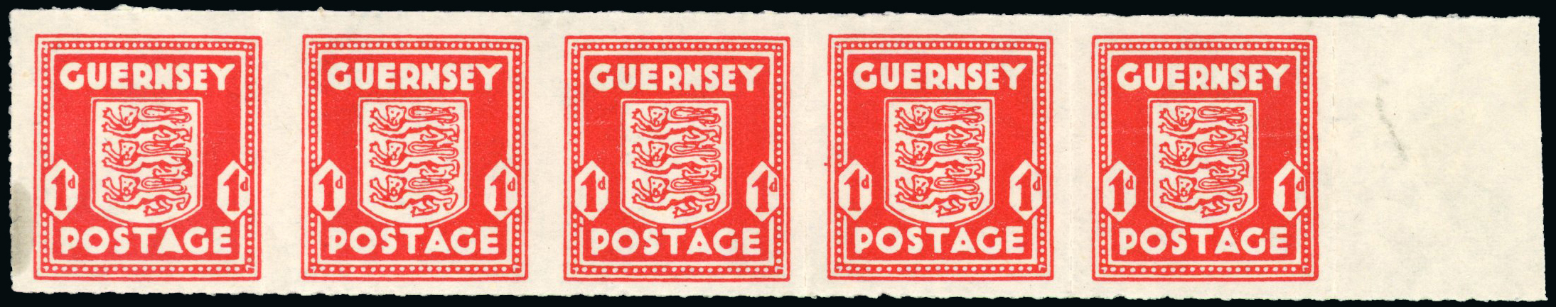 1941 1Buernsey 1d strip mint with imperf between pair
