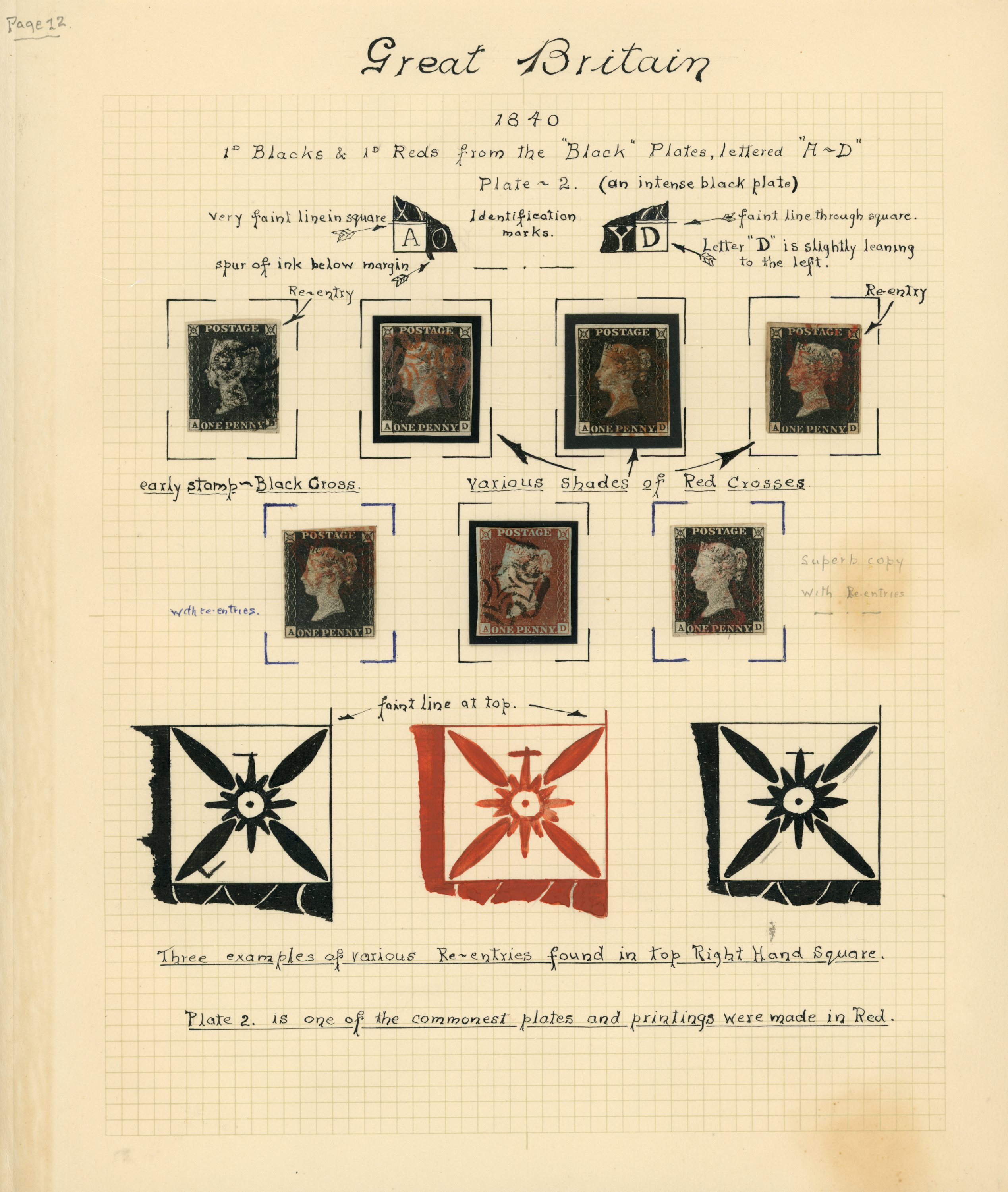 1840 1d black, Plate 2, eleven examples (one...