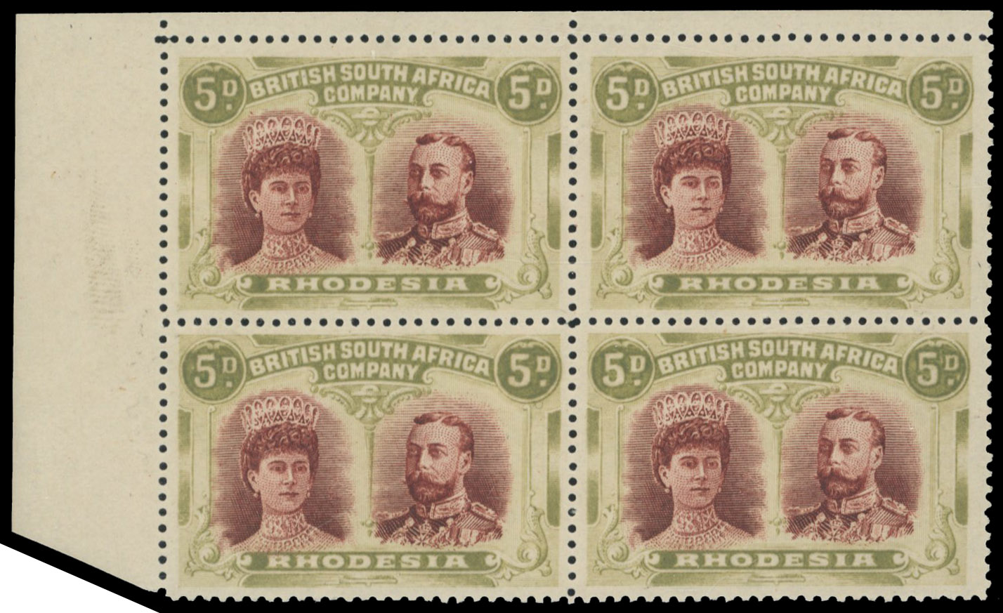 5d lake-brown and olive SG 143 corner block, position 2 no gash mint