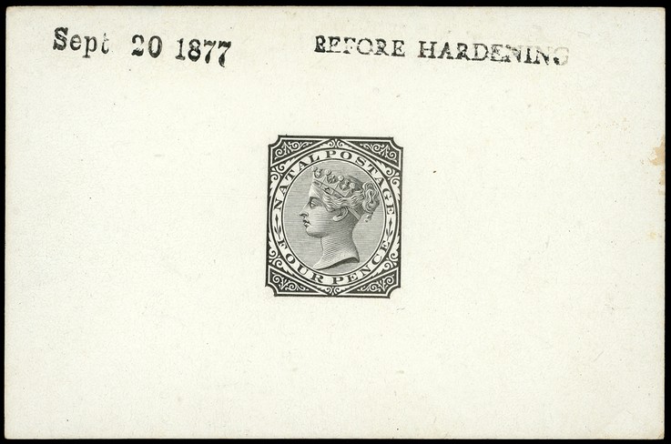 1878 4d Die Proof in black on glazed card 93 x 60mm, dated Sept 20 1877 and marked BEFORE HARDENING.  Fine.  For SG...
