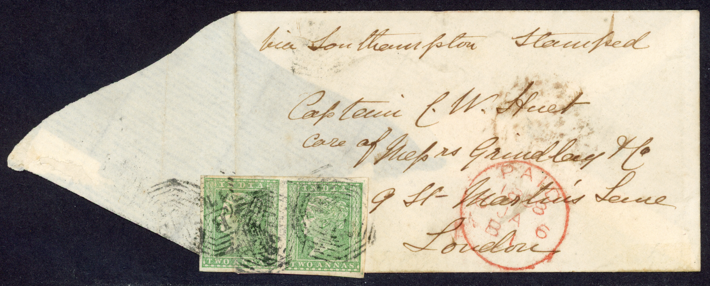Straits Settlements SG Z64 1857 cover from Singapore to London with India 1854 2a pair