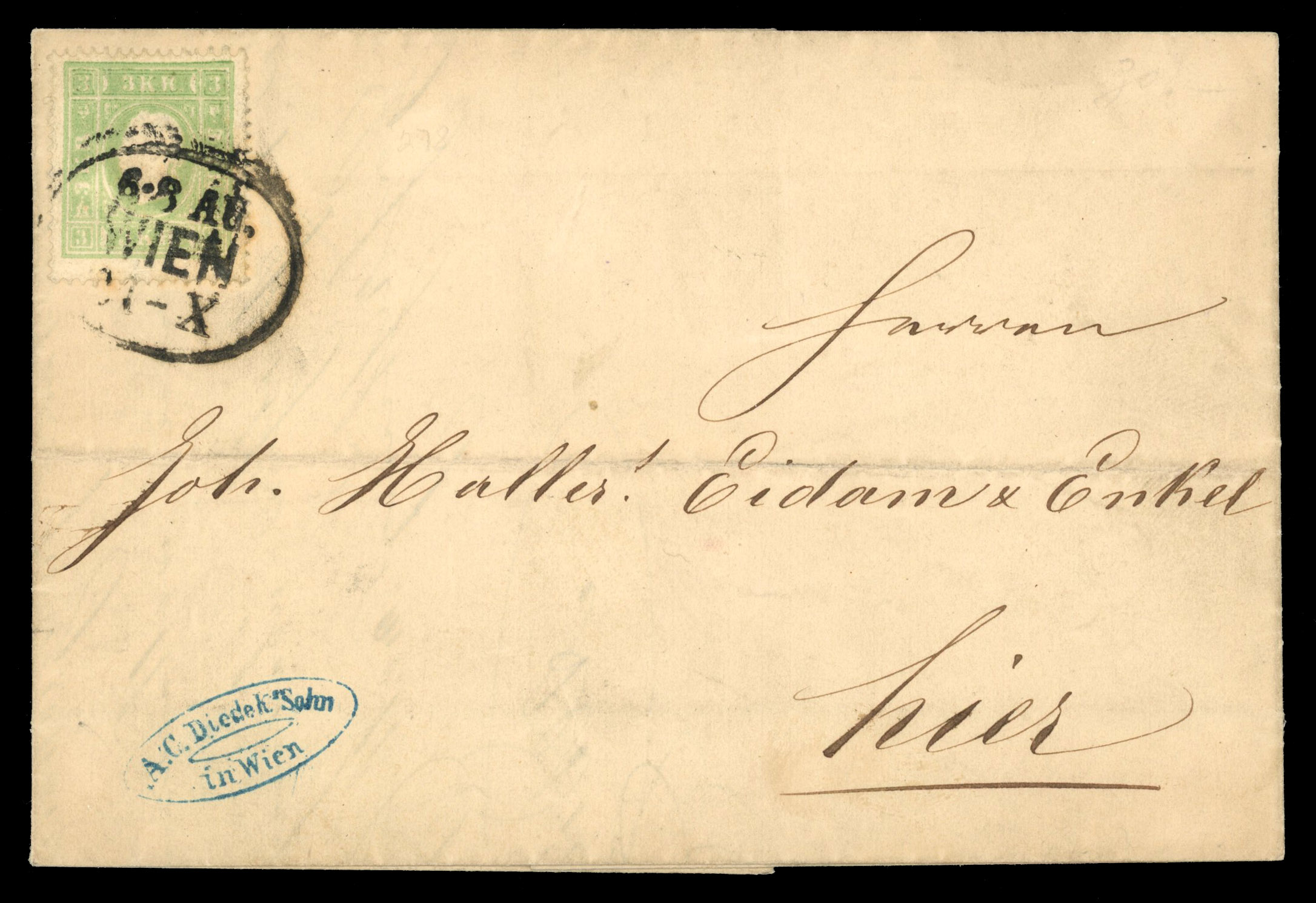 Austria (Oct 21) 1859 cover addressed locally bearing 1858-59 3k green tied by Wien oval cancel