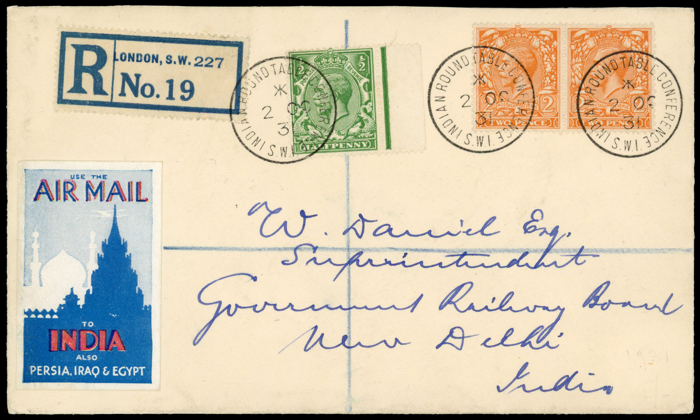 1931 Indian Round Table Conference (Second Session September 1931 - December 1931) registered envelope