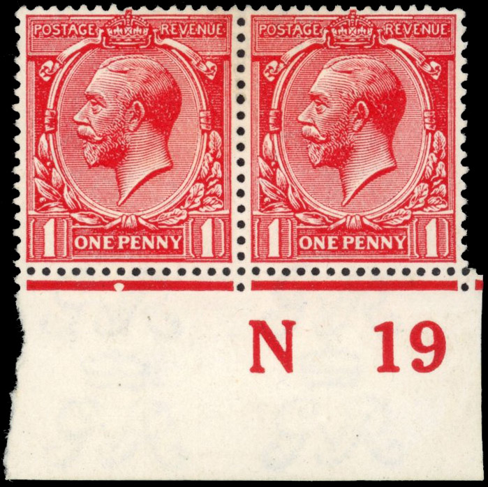 GB: 1912-24 1d deep carmine-red, mint control N19 pair