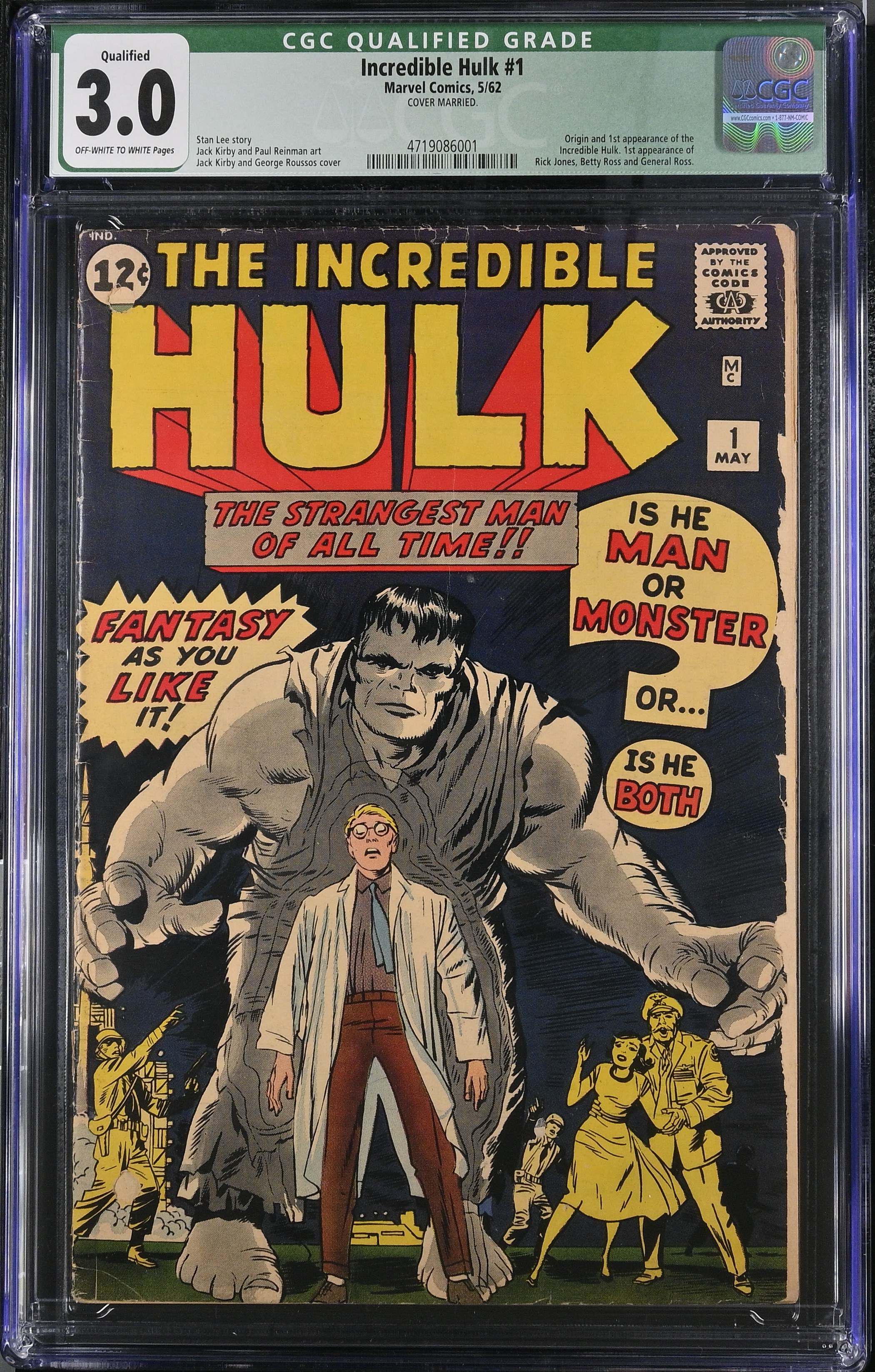 Incredible Hulk #1 CGC 3.0 Qualified "The Coming of the Hulk" Origin and 1st appearance of Hulk (Marvel Comics, 1962)